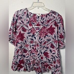Lucky Brand Floral Boho Blouse Small Red Blue Peplum Ruffle Hem Bohemian Top